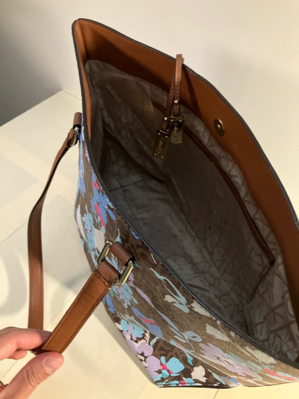 Calvin Klein Brown Floral Tote with Blue, Purple & Pink Accents - Picture 5 of 8